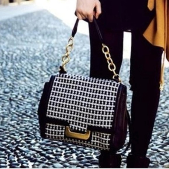 Diane Von Furstenburg Black Lea Shoulder Bag with Fabric Gold Tone Hardwarere - Picture 1 of 15